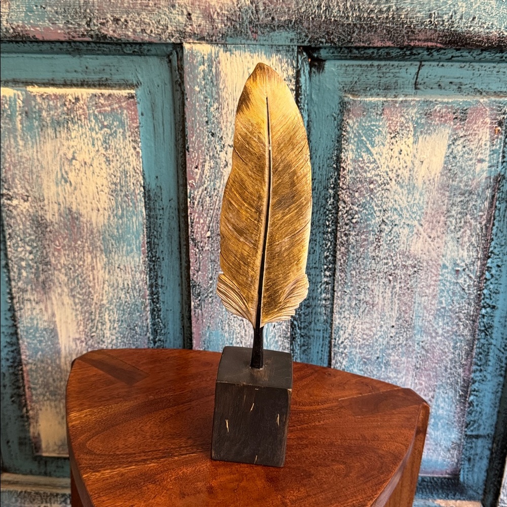 Gold Feather Decorative Sculpture on Black Base